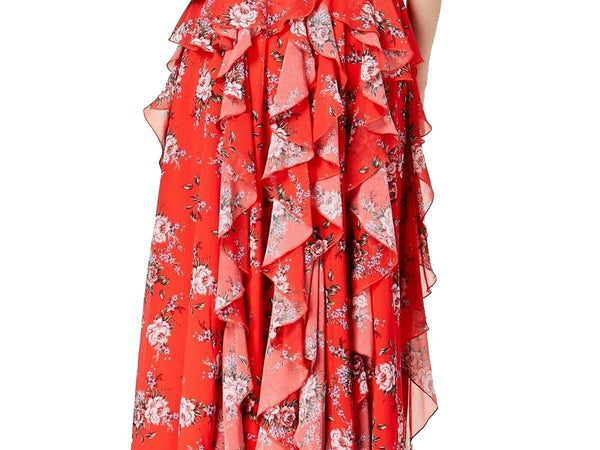 FAME AND PARTNERS Women's Red Emma Floral Print Halter Maxi Dress $299 NWT