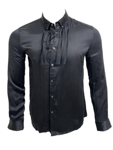 BLK DNM Men's Black Long Sleeve Silk Blend Ruffle Button Up Shirt 85 Size M NWT