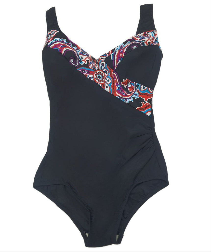 T.H.E. Women's Black Mock Surplice Paisley Park One Piece Swimsuit #997 10 NWT