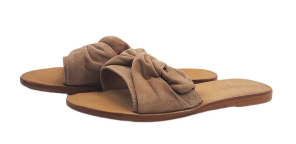 URGE Women's Beige Leather Bow Monika Blush Suede Flat Sandals #17030 NWB