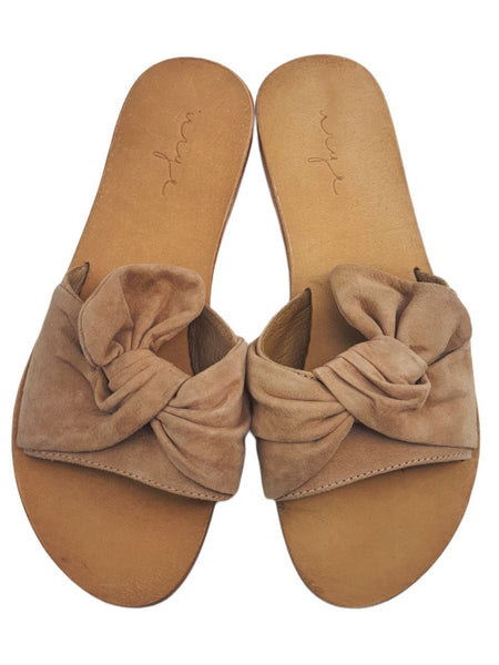 URGE Women's Beige Leather Bow Monika Blush Suede Flat Sandals #17030 NWB