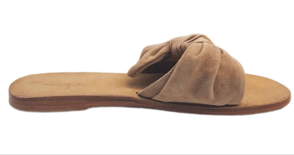 URGE Women's Beige Leather Bow Monika Blush Suede Flat Sandals #17030 NWB