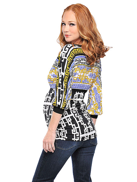 OLIAN Maternity Women's Multi Greek Key Print Ruched Sides Tunic Top XS $115 NWT
