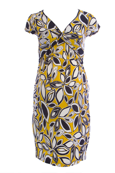 OLIAN Maternity Women's Floral Print Knot Front V-Neck Dress Small Yellow