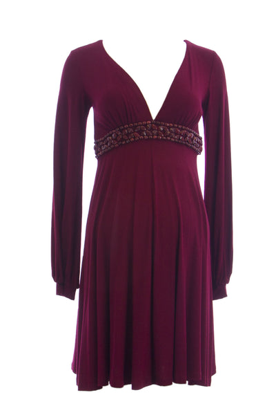 OLIAN Maternity Women's Plunge Neck Beaded Empire Waist Dress X-Small Wine