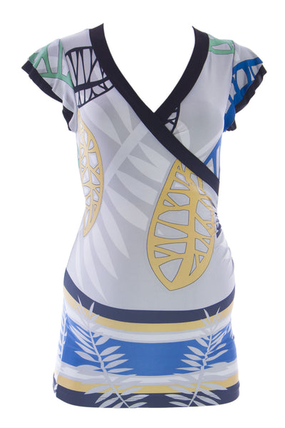 OLIAN Maternity Women's Silver Leaf Print Short Sleeve Wrap Tunic Top $110 NWT