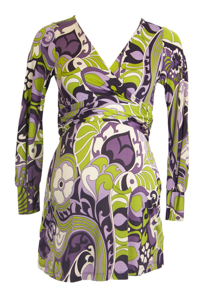 OLIAN Maternity Women's Lilac Floral Print 3/4 Sleeve Faux Wrap Tunic XS $98 NWT