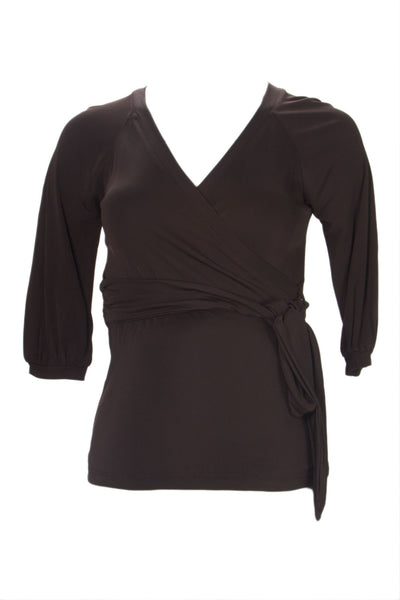 OLIAN Maternity Women's Brown Elbow Sleeve True Wrap Blouse XS $98 NWT