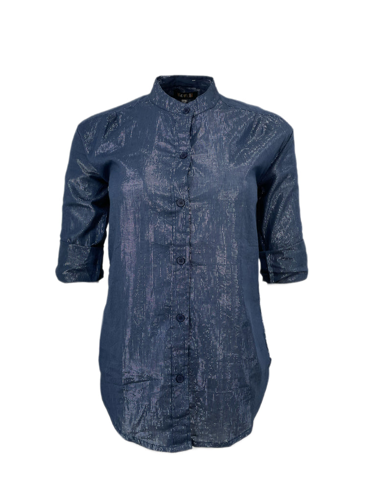 SUZIE KONDI Women's Navy Koubi Metallic Blouse #1004 Sz X-Small $195 NWT