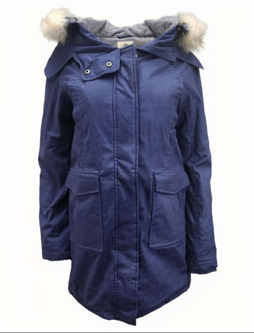 HoodLamb Women's Navy Fur Collar Hooded Hemp Warm Parka 420 NWT