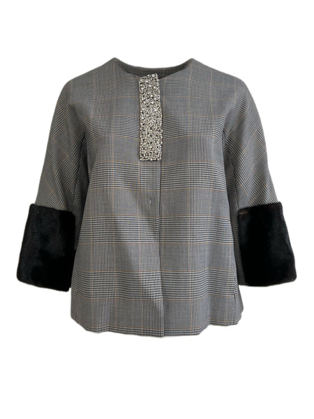 Marina Rinaldi Women's Nero Nobel Embellished Mink Fur Sleeve Jacket NWT