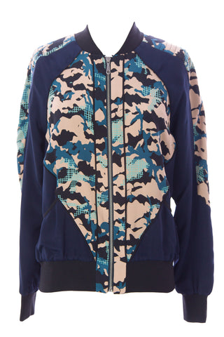 REBECCA MINKOFF Women's Navy/Camel Graphic Silk Zip Up Nolan Jacket $328 NWT