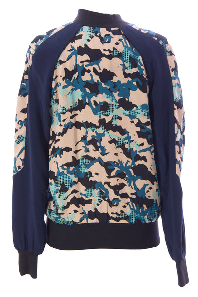 REBECCA MINKOFF Women's Navy/Camel Graphic Silk Zip Up Nolan Jacket $328 NWT