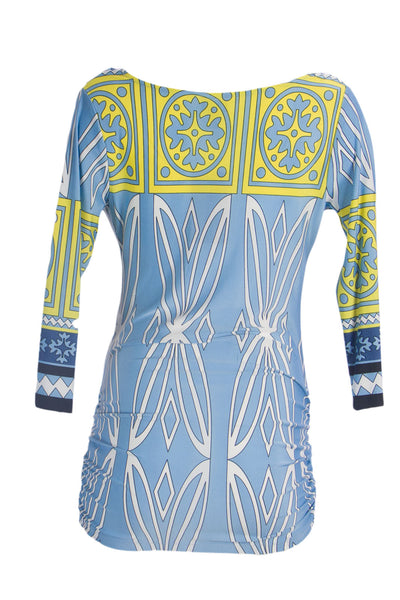 OLIAN Maternity Women's Cold Blue Abstract Print Cowl Neck Tunic Top $115 NWT