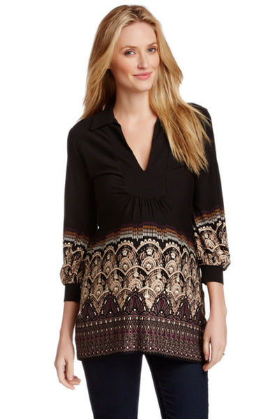 OLIAN Maternity Women's Black Arabesque Print Collared Tunic Top $123 NWT