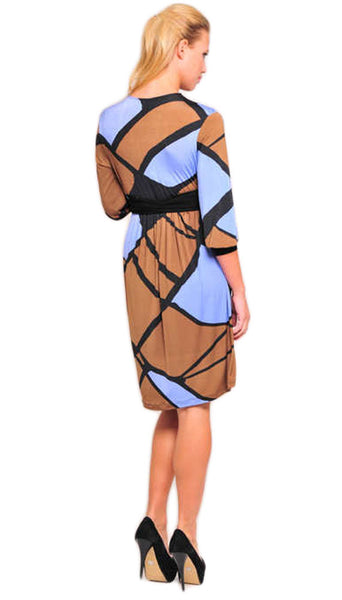 OLIAN Maternity Women's Brown Blue Geometric Print Wrap Around Sash Dress $130