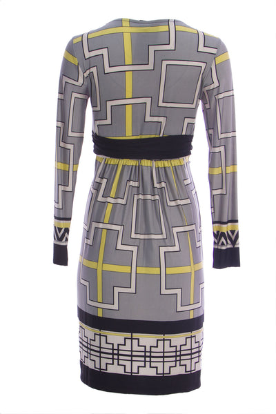 OLIAN Maternity Women's Grey Yellow Geometric Print Sandra Dress $143 NWT