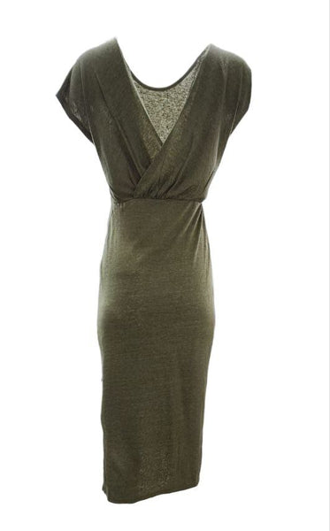 HoodLamb Women's Olive Knit V-Back Maxi Hemp Dress 420 NWT
