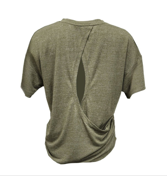 HoodLamb Women's Olive Open Back Wrap Short Sleeve Hemp Top 420 NWT