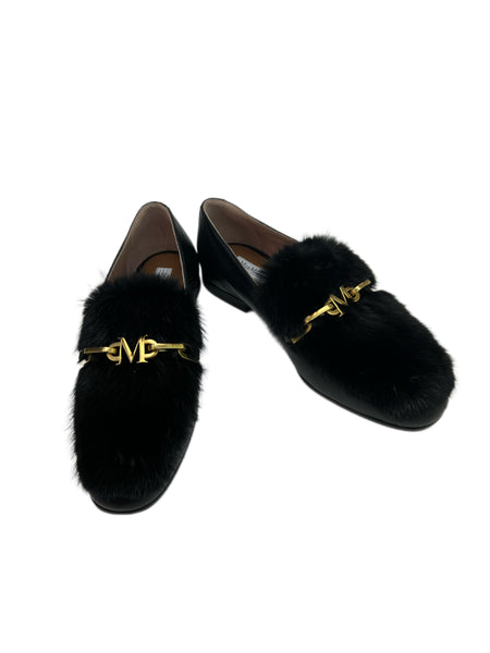 Max Mara Women's Nero Ombrosa Leather Fur Logo Plaque Loafers NWB