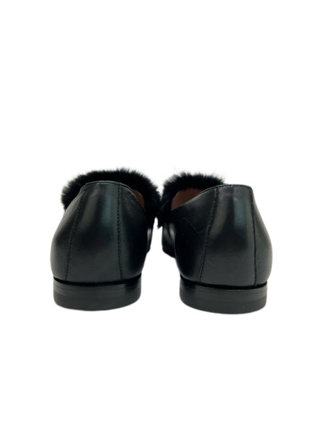 Max Mara Women's Nero Ombrosa Leather Fur Logo Plaque Loafers NWB