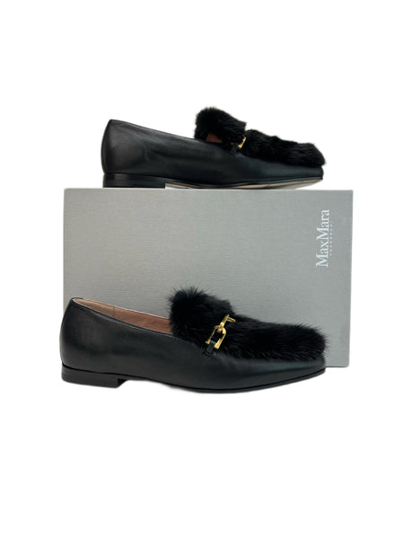 Max Mara Women's Nero Ombrosa Leather Fur Logo Plaque Loafers NWB