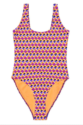 HAPPY SOCKS Women's Orange Optic Square One-Piece Swimsuit NWT