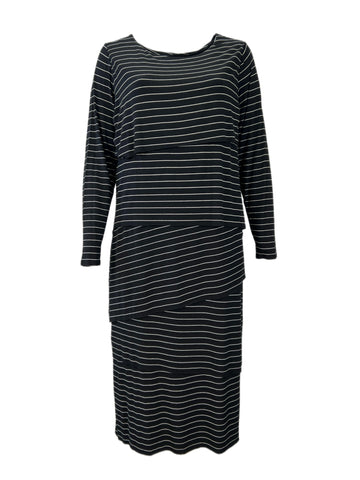 Marina Rinaldi Women's Black Ossigeno Long Sleeve Striped Maxi Dress NWT