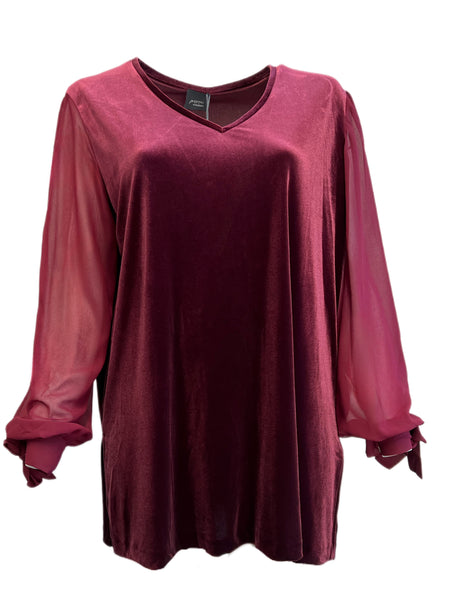 Marina Rinaldi Women's Red Ottone Velour Sheer Sleeves Blouse Size XL NWT