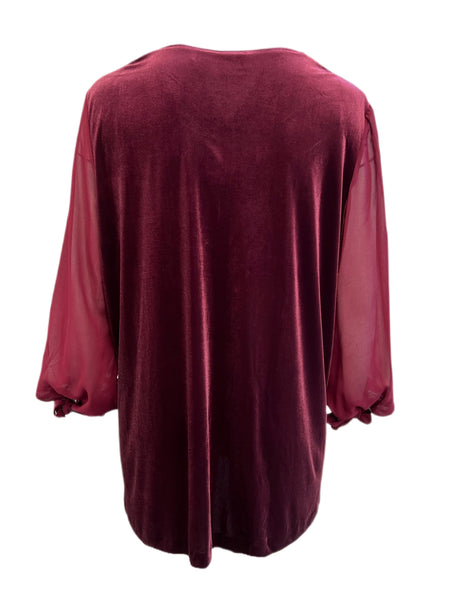 Marina Rinaldi Women's Red Ottone Velour Sheer Sleeves Blouse Size XL NWT
