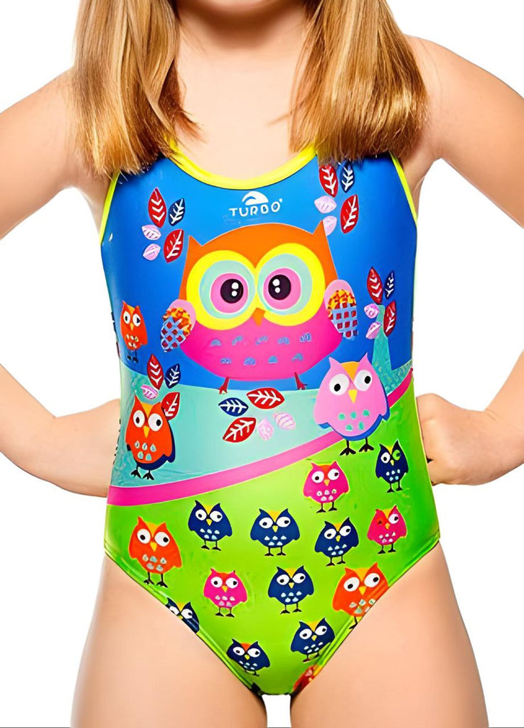 TURBO Girl's Multicoloured Owls Cross Back One Piece Swimsuit #8991514 2/4A NWT