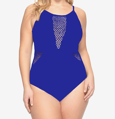 LA BLANCA Women's Blue Fishnet Tummy Control One Piece Swimsuit #SAP 18 NWT