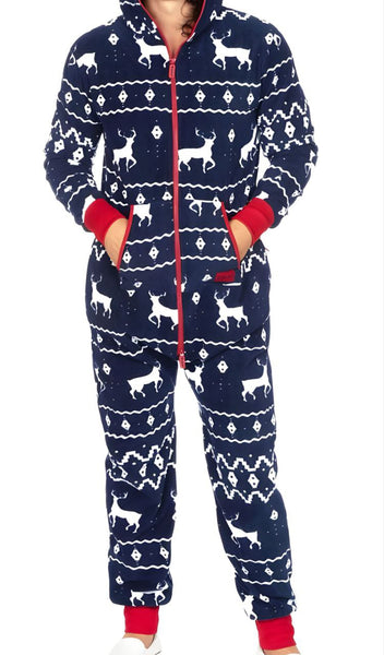 TIPSY ELVES Unisex Blue Fair Isle Reindeer Pajama Jumpsuit #JMP02 NWT