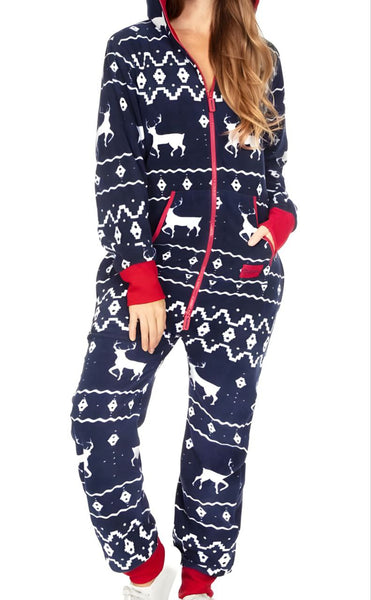 TIPSY ELVES Unisex Blue Fair Isle Reindeer Pajama Jumpsuit #JMP02 NWT