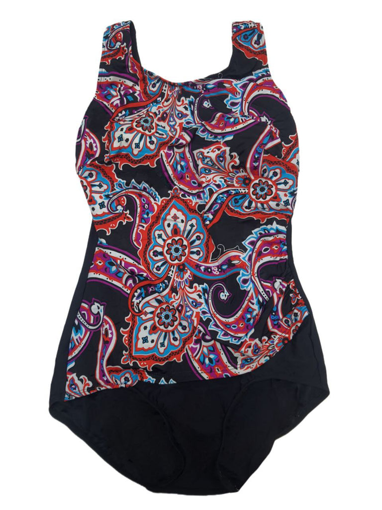 T.H.E. Women's Black Paisely Park Print Drape One Piece Swimsuit #1008 12 NWT