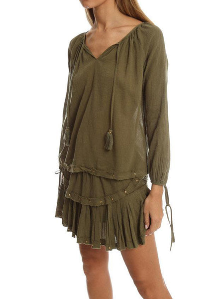 LOVESHACKFANCY Women's Army Green Stud Trim Peasant Blouse $195 NWT