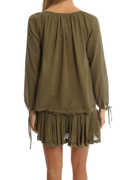 LOVESHACKFANCY Women's Army Green Stud Trim Peasant Blouse $195 NWT