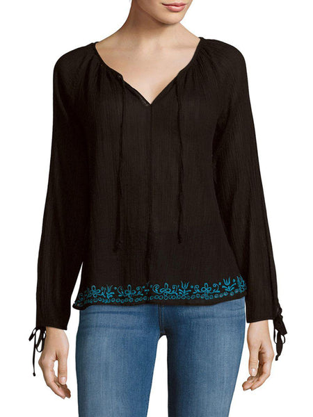 LOVESHACKFANCY Women's Black Solid Embroidered Peasant Blouse $285 NWT