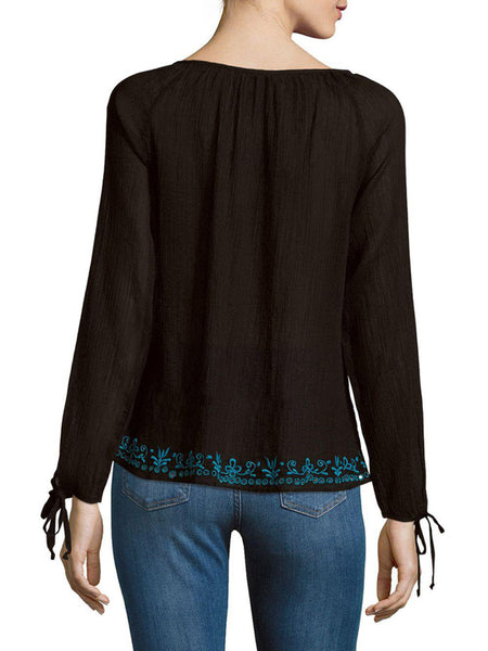 LOVESHACKFANCY Women's Black Solid Embroidered Peasant Blouse $285 NWT