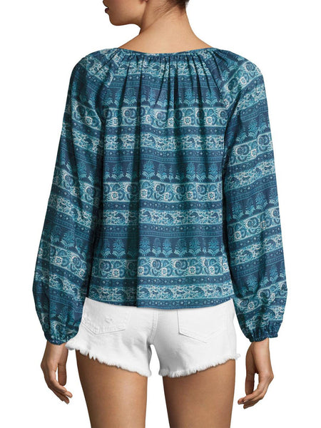 LOVESHACKFANCY Women's Blue Multi Cotton Printed Peasant Blouse $225 NWT