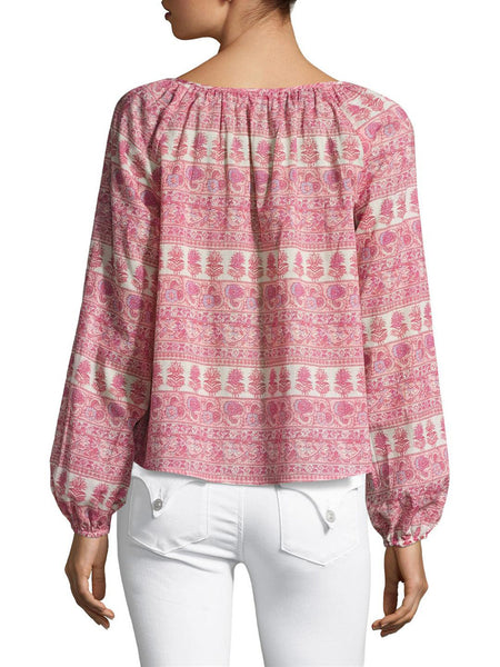 LOVESHACKFANCY Women's Red Multi Cotton Printed Peasant Blouse $225 NWT