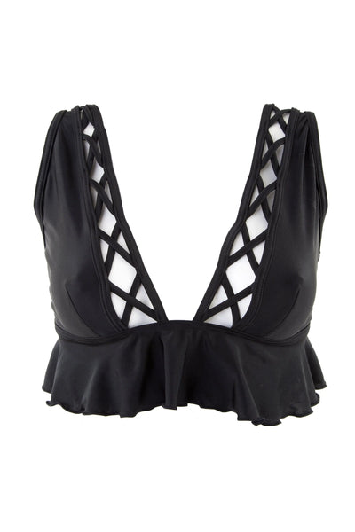 PEEK & BEAU Women's Black Lattice Ruffle Bikini Top NWT