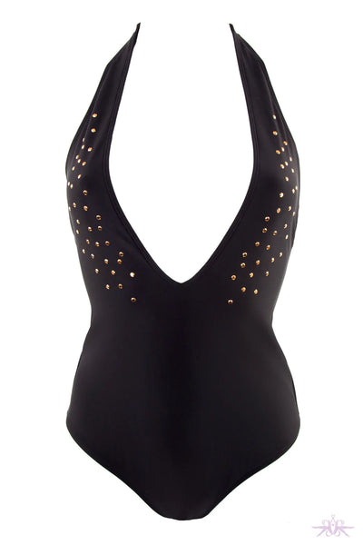 PEEK & BEAU Women's Black & Bronze Stud One Piece Swimsuit NWT Size US 4