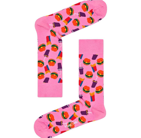 HAPPY SOCKS Women's Pink Hamburger Combed Cotton Crew Sock Size 5.5-9.5 NWT