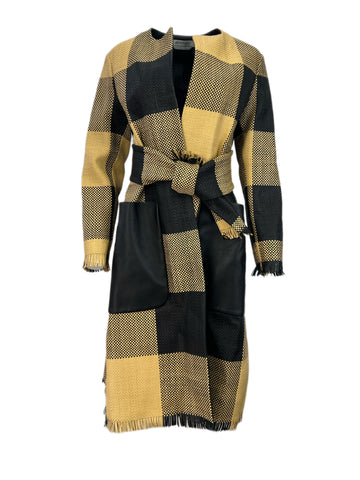 Max Mara Women's Nero Platani Leather Plaid Belted Coat Size 2 NWT