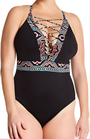 LA BLANCA Women's Black La Azteca High Neck Laced One Piece Swimsuit #21W 18 NWT