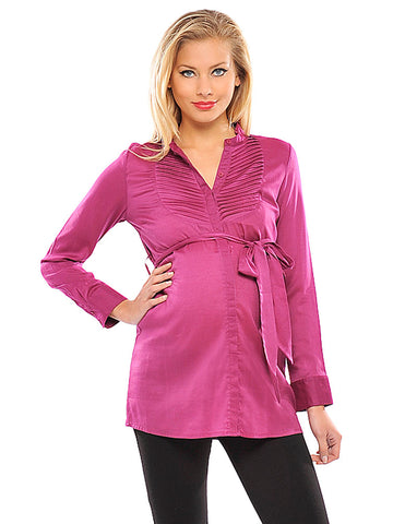 OLIAN Maternity Women's Magenta Pleated Front Sash Around Shirt Tunic M $130 NWT