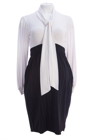 OLIAN Maternity Women's White Tie Neck Colorblock Empire Waist Dress