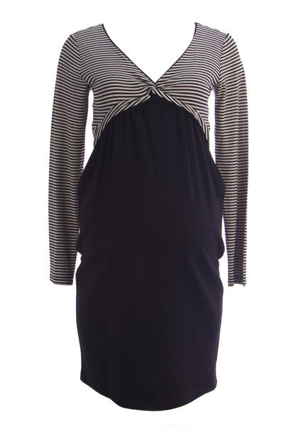 OLIAN Maternity Women's Black Ivory Stripes Knot Front A-Line Dress $130 NWT