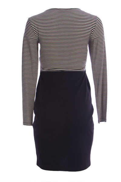 OLIAN Maternity Women's Black Ivory Stripes Knot Front A-Line Dress $130 NWT